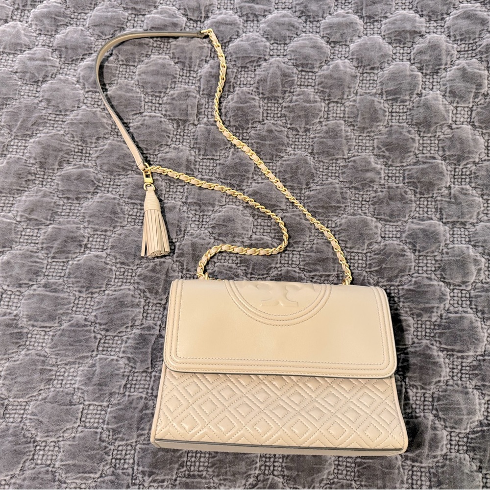 Tory Burch Quilted Flap Bag in Light Tan